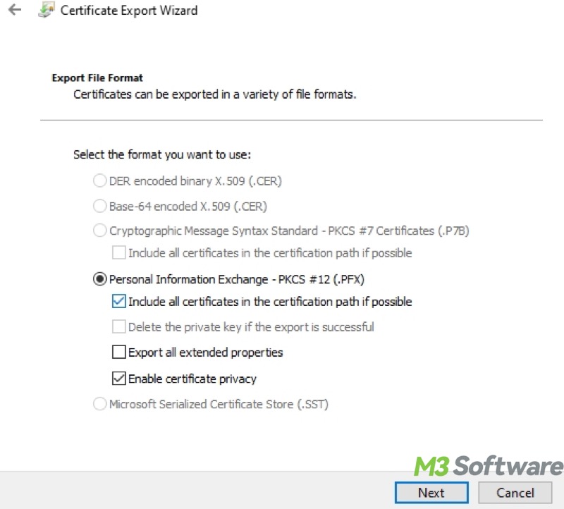 export file format in Certificate Export Wizard