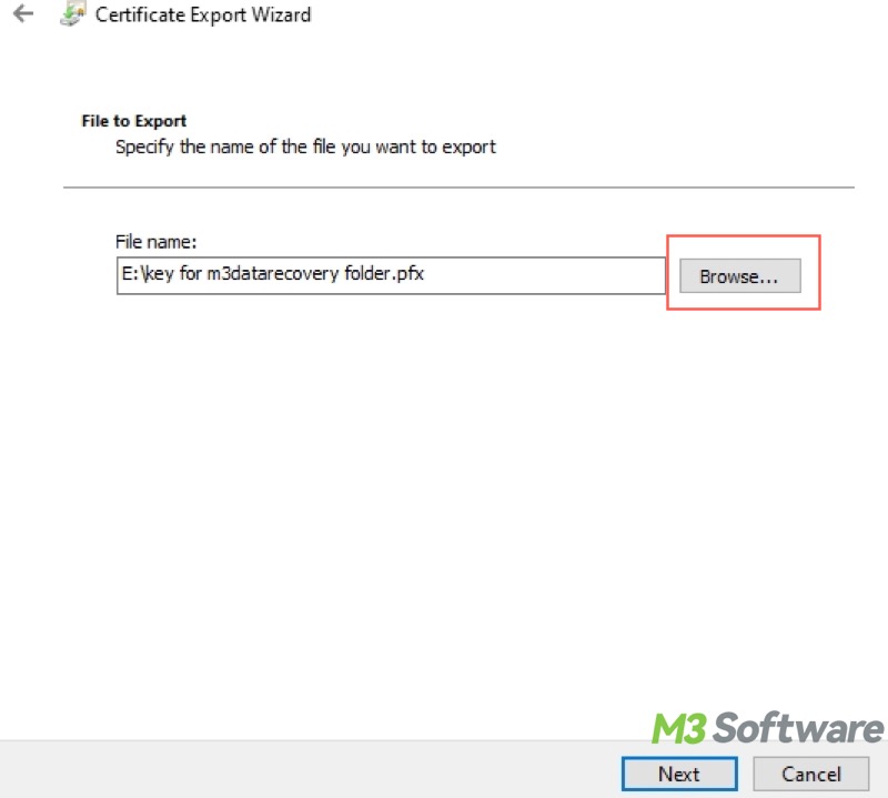 file name to export in Certificate Export Wizard