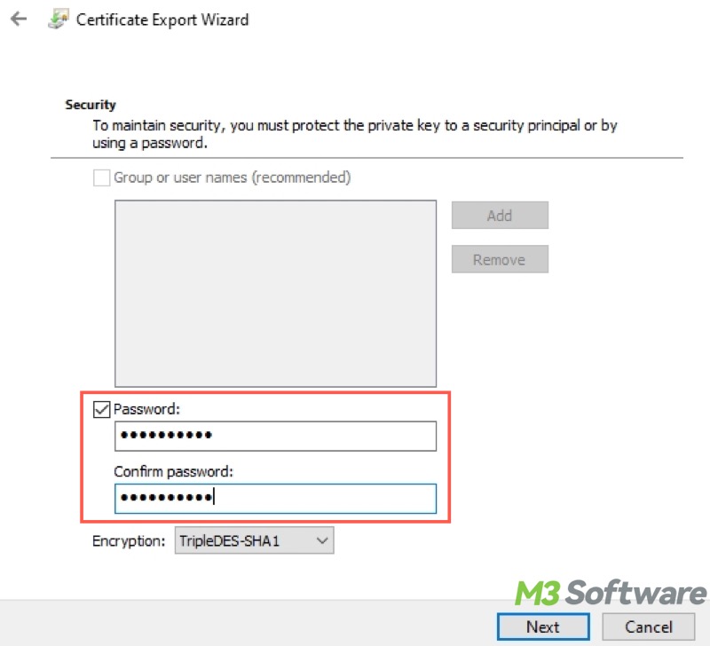 input password in Certificate Export Wizard