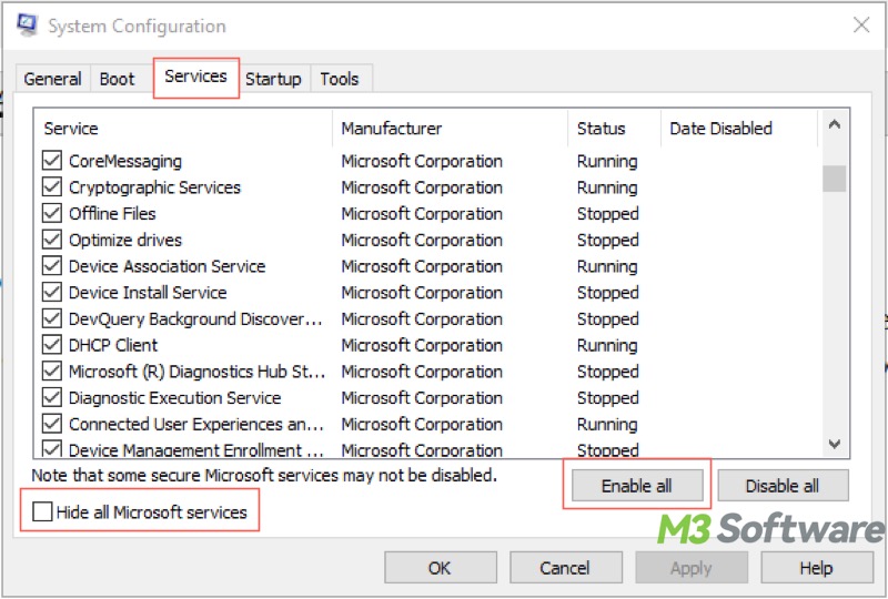 reenable services system configuration window