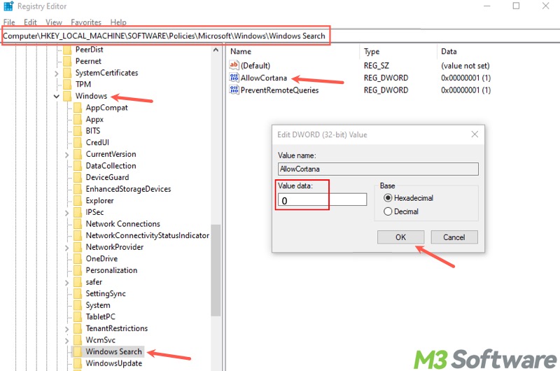 disable Allow Cortana in Registry Editor in Windows 10