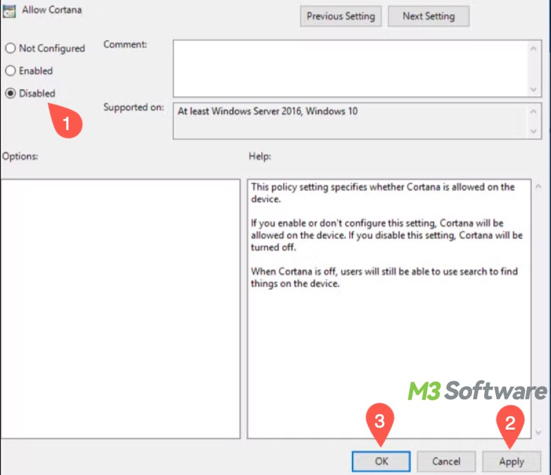 disable Allow Cortana in Local Group Policy Editor