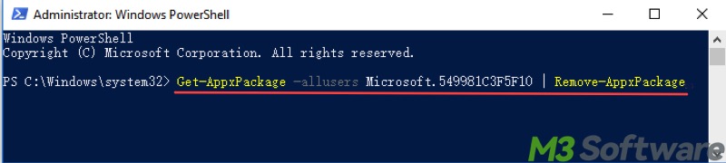 uninstall Cortana through PowerShell in Windows 10