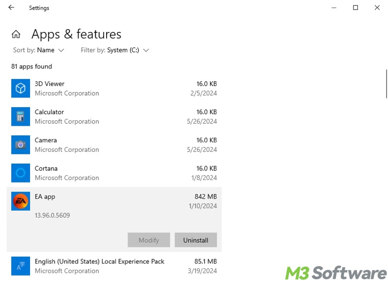 uninstall apps in Windows Settings