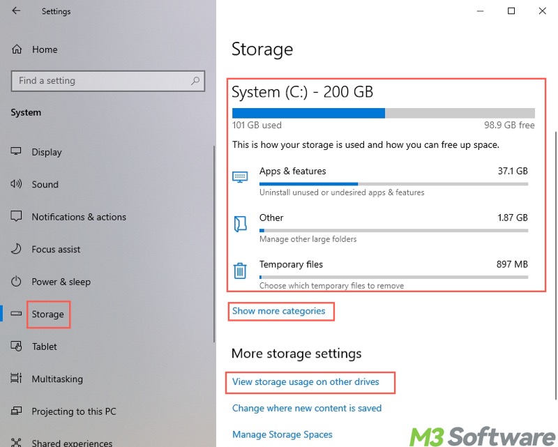 system storage in Windows Settings