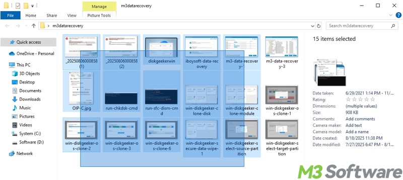 press left mouse button and drag the mouse to select multiple files in Windows