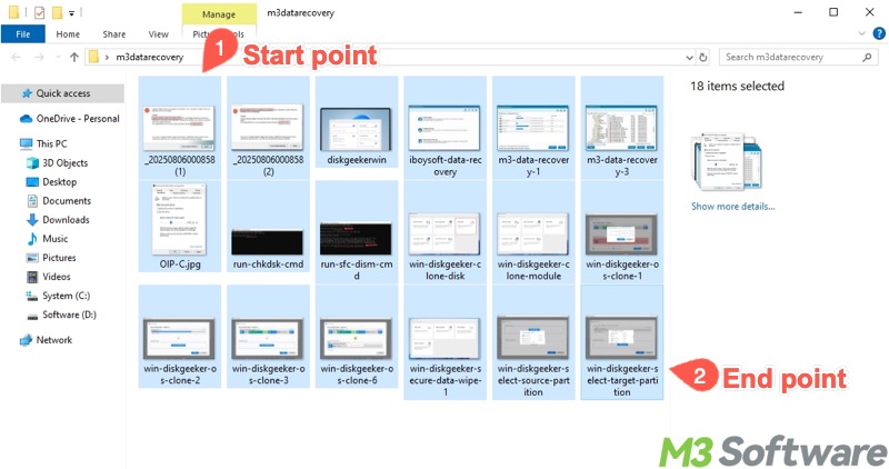Use Shift and left mouse button to select multiple files in Windows