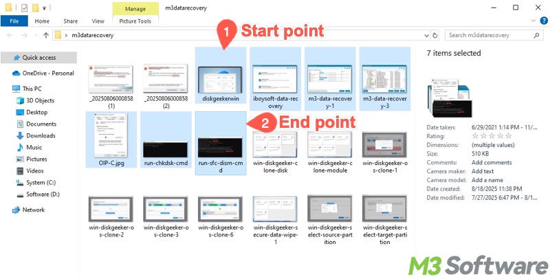 use Shift and arrow keys to select multiple files in Windows