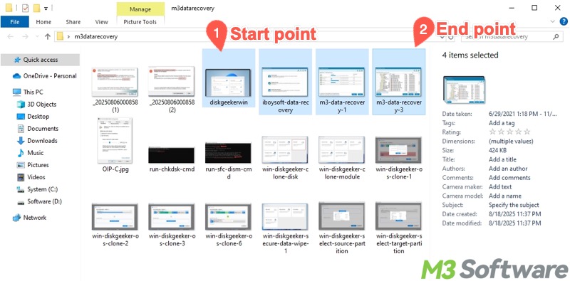 use Shift and arrow keys to select multiple files in Windows