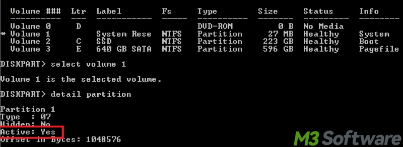 detail of partition in Command Prompt