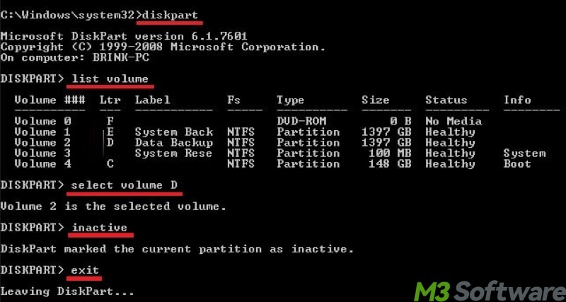inactive partition in Command Prompt