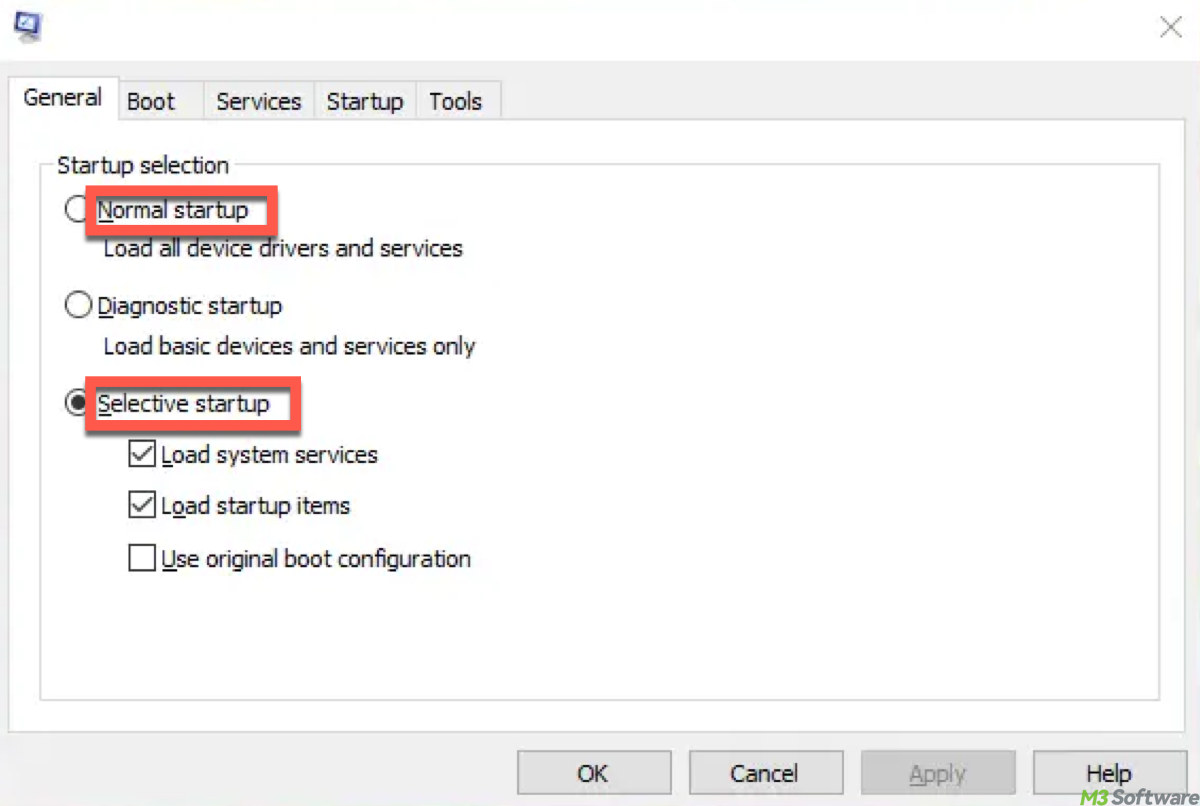 miconfig selective start up vs normal startup