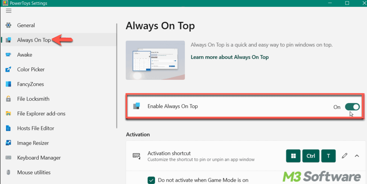 use PowerToys to pin a window in Windows