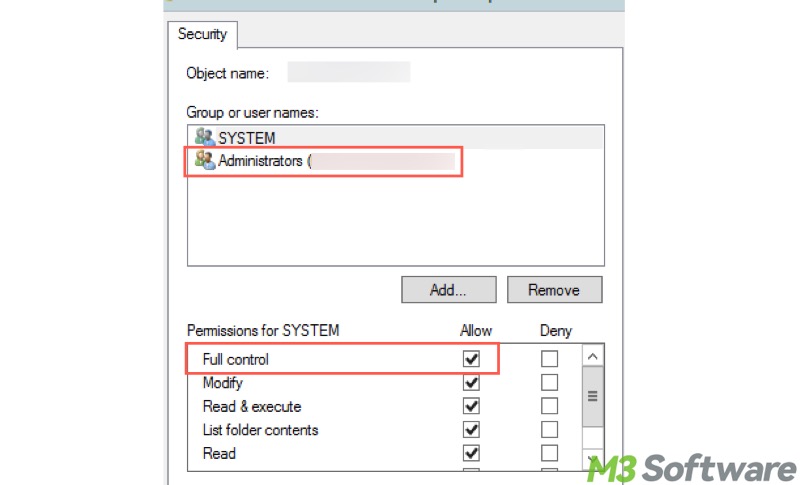 full control of folder permission for administrator