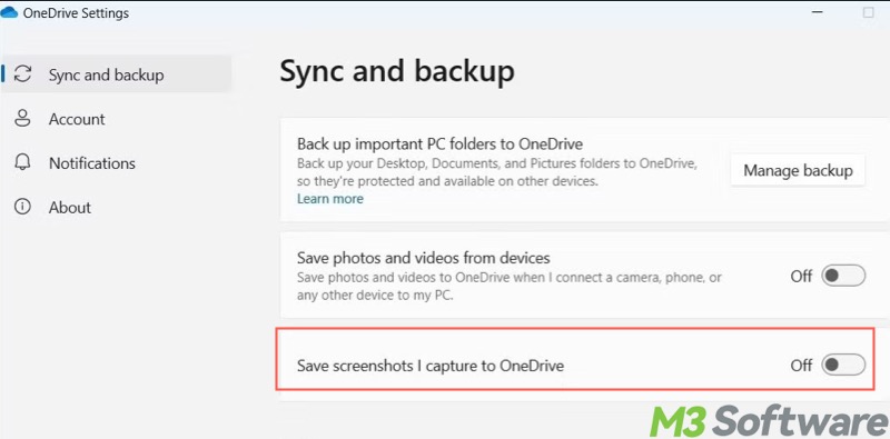 OneDrive sync backup settings