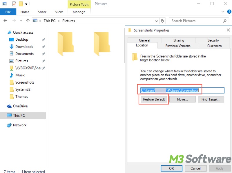 restore screenshots location to the default