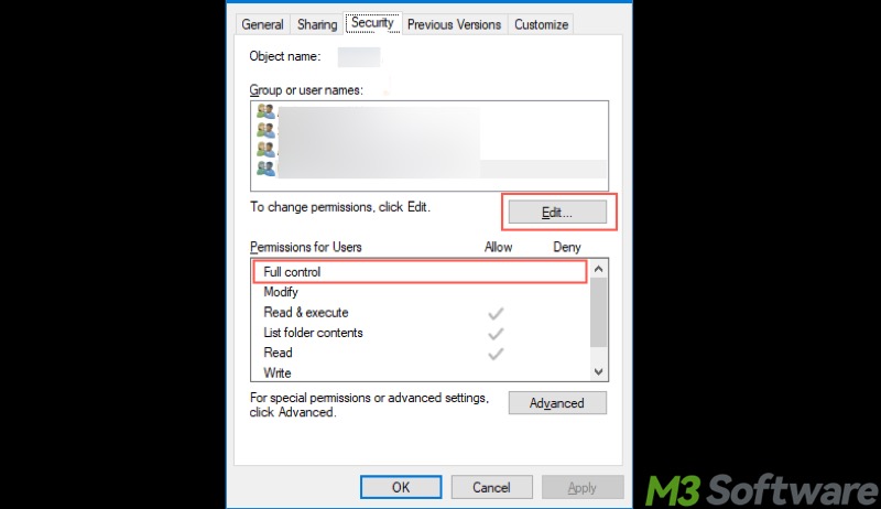 Security tab in Screenshots properties