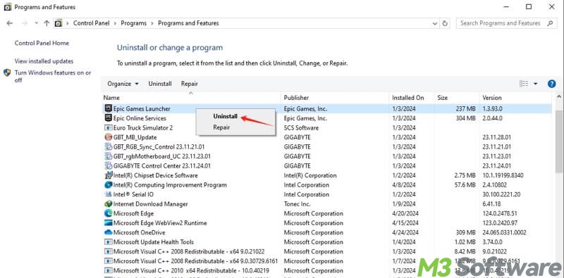 uninstall software through Windows 10 Control Panel