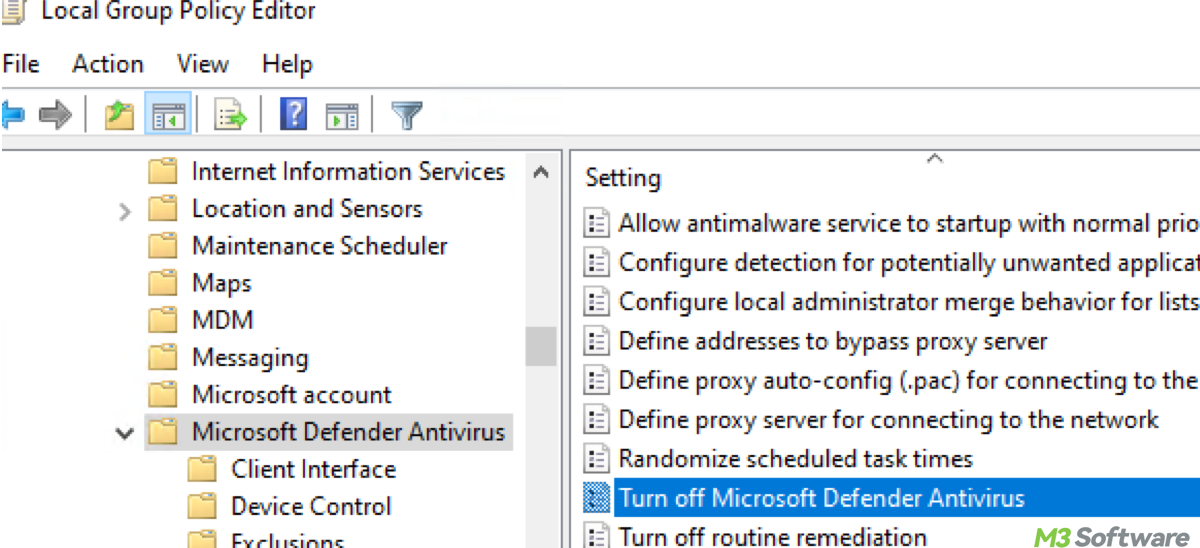 Microsoft Defender in Group Policy settings