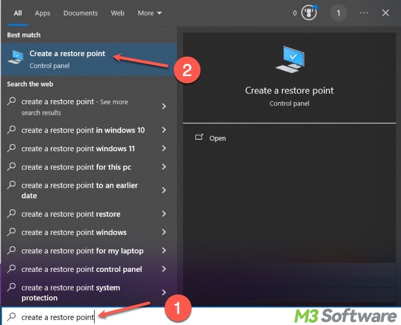 create a restore point in Windows search bar