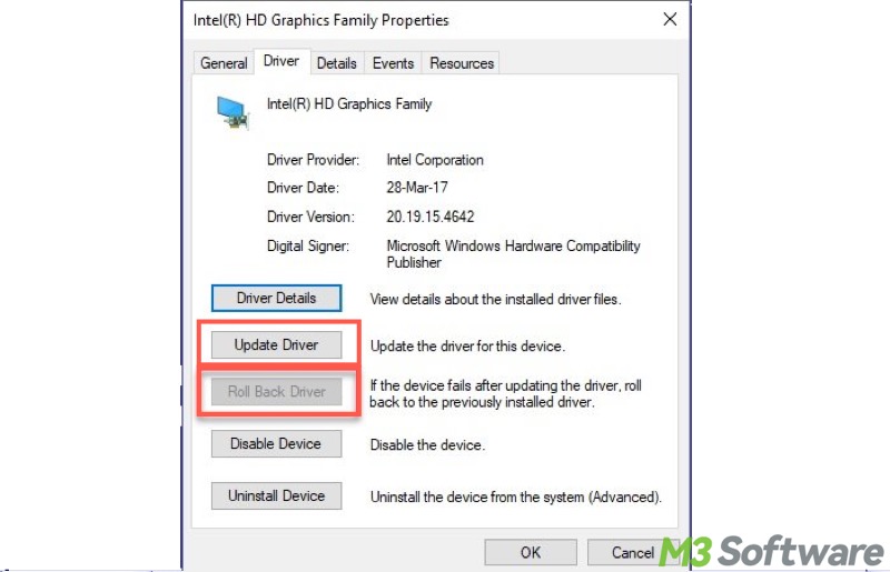 update or roll back driver in Device Manager