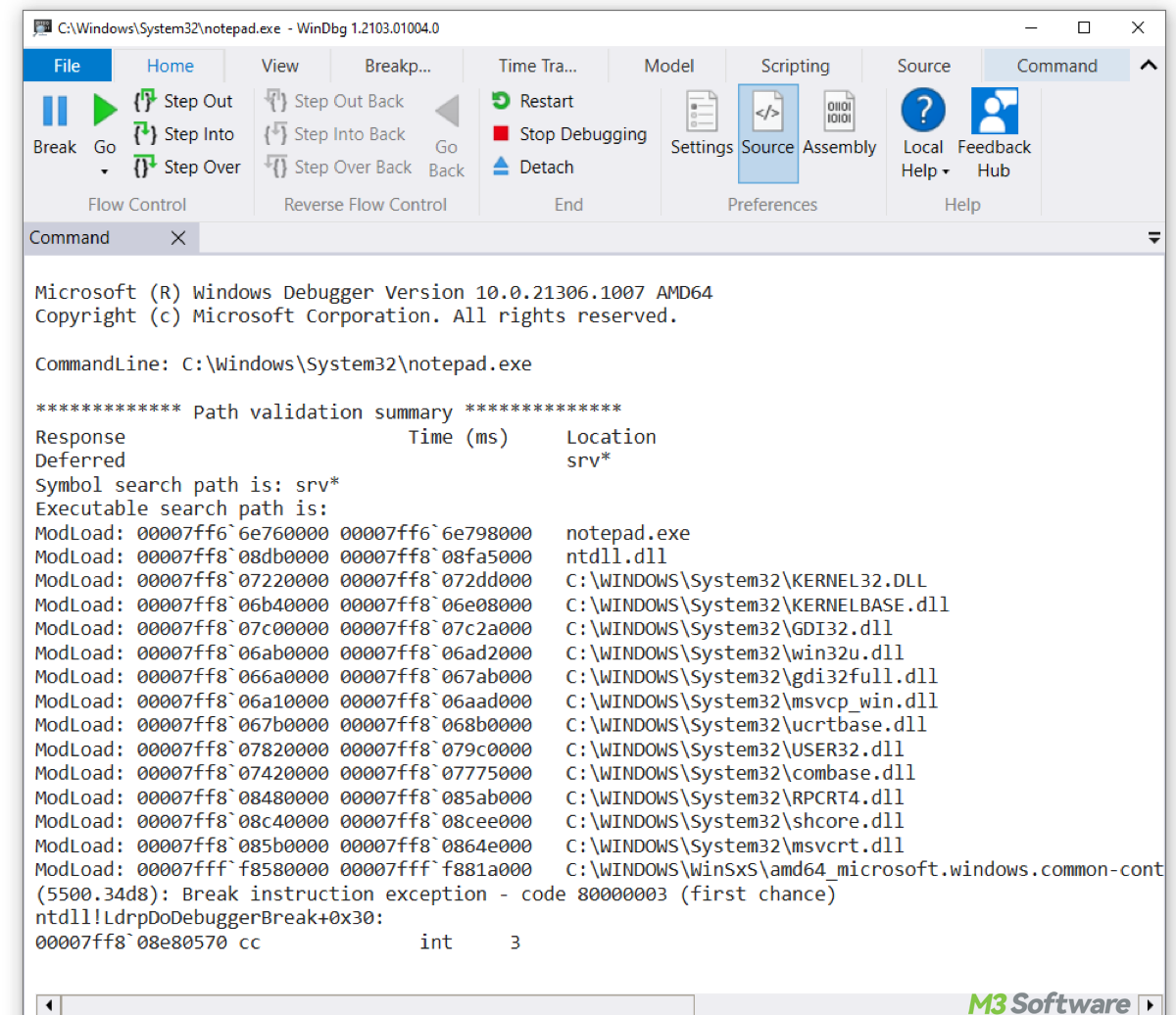 Read and analyze memory dump file via Windows Dubugger