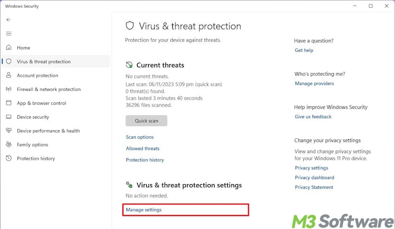 manage settings under threat and protection in Windows 11
