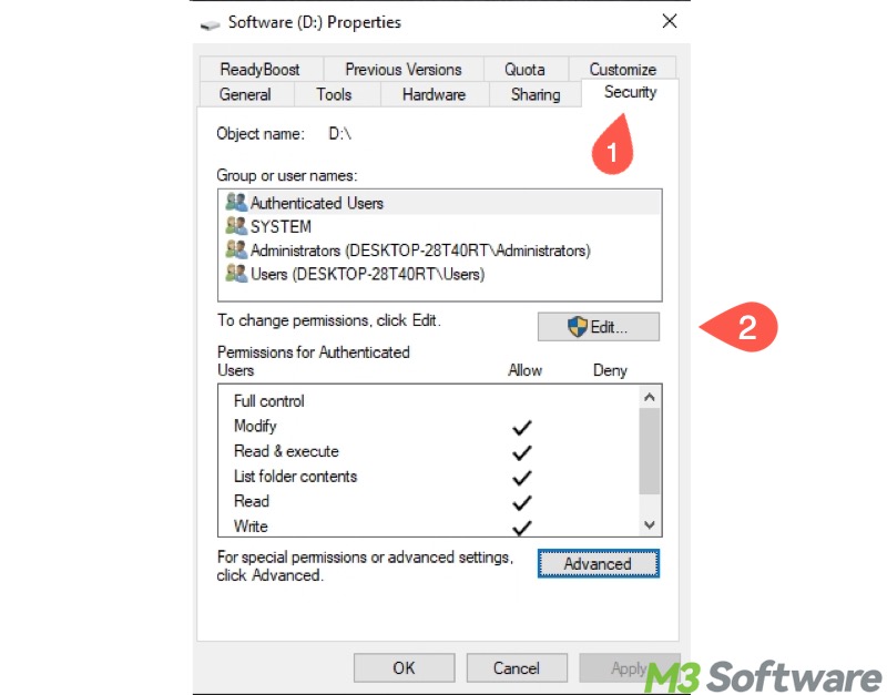 edit button under security tab in hard drive properties