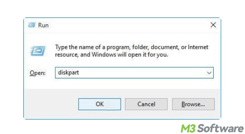 diskpart in Run dialog box