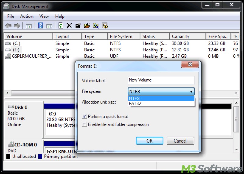 format drive in Windows 7 Disk Management