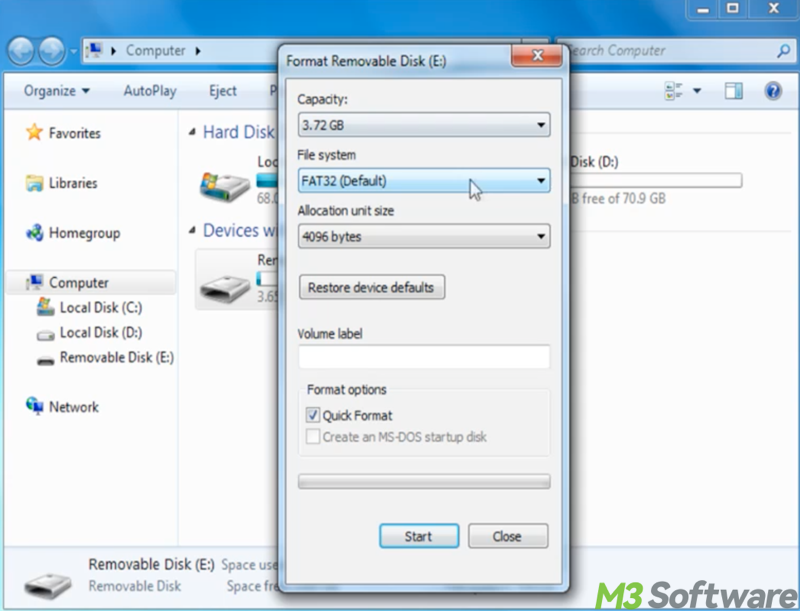 format drive in Windows 7 File Explorer