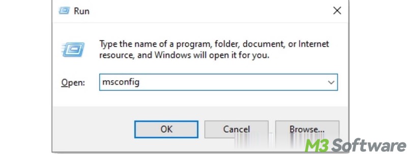 msconfig in Run dialog box Windows 10