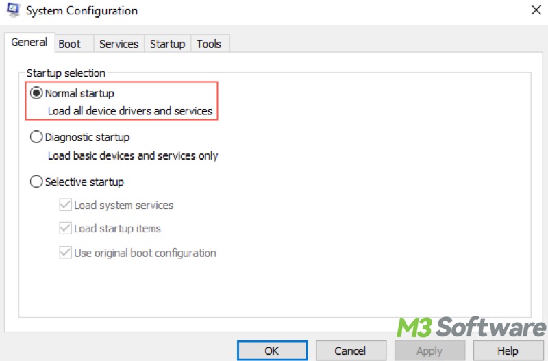 normal startup under General tab in System Configuration
