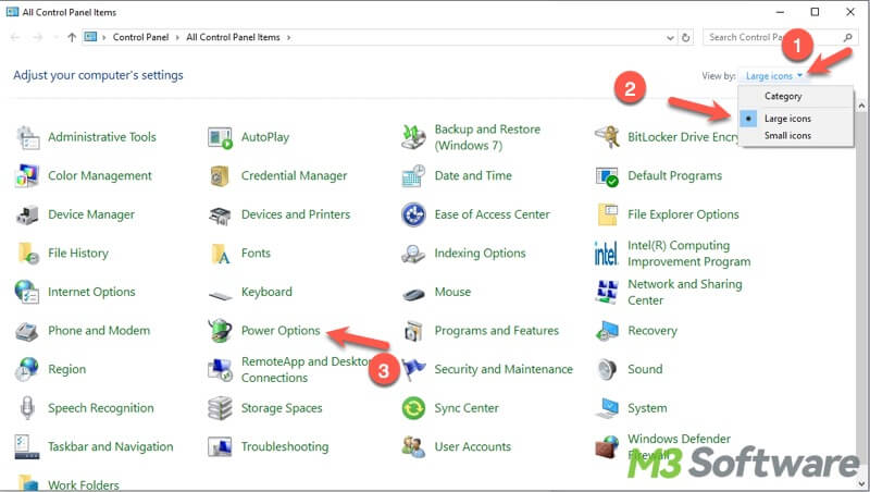 select power options in the control panel