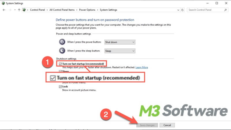 disable fast startup via control panel on Windows 10