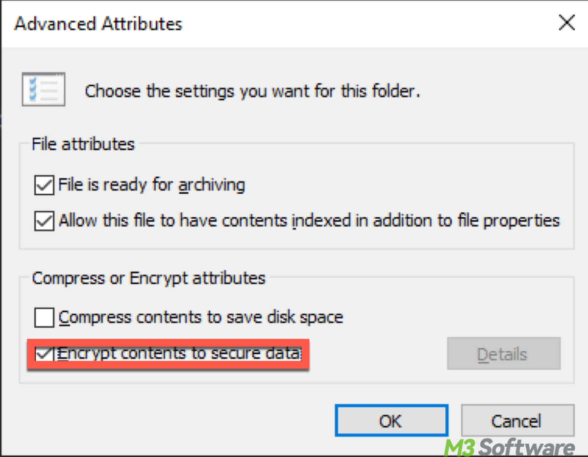 Encrypt contents to secure data with EFS
