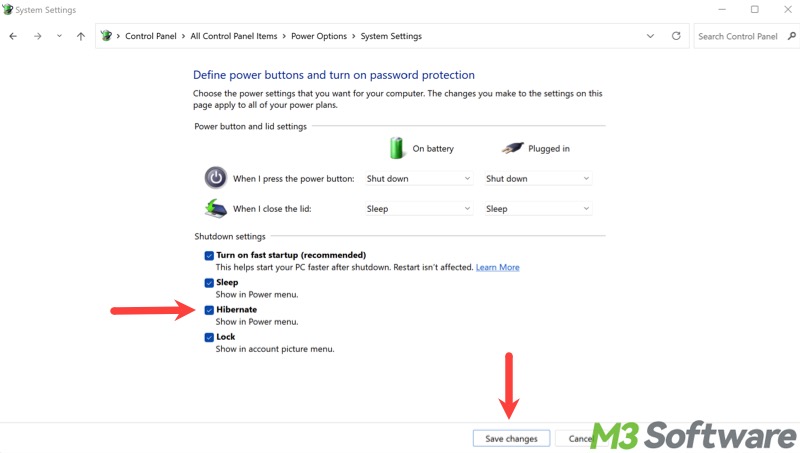enable hibernate mode Control Panel