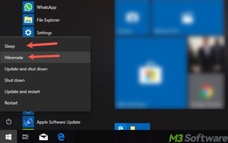 hibernate and sleep mode in Start menu