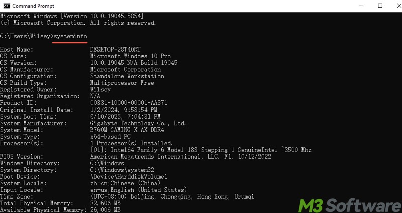 system information in Windows 10 Command Prompt