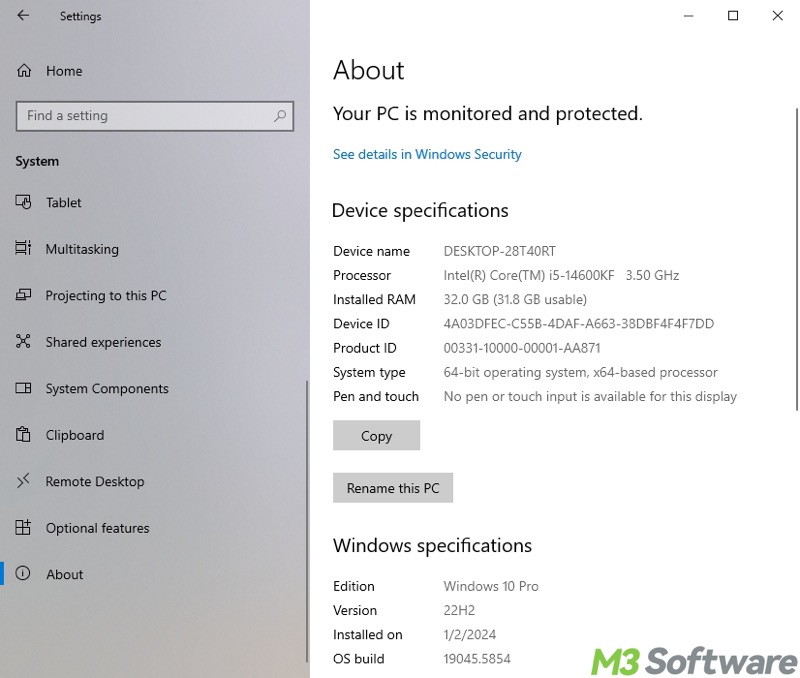 system information in Windows 10 Settings