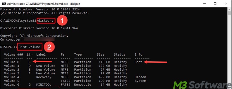 boot partition in list volume Command Prompt