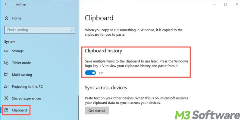 switch on clipboard history Windows 10