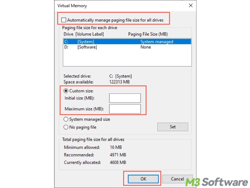 custom paging file size