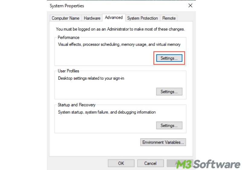 Settings under performance section in system properties