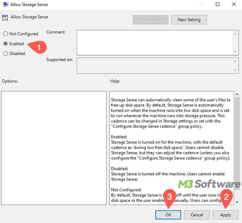 how to turn on Storage Sense in Windows 10 Local Group Policy Editor