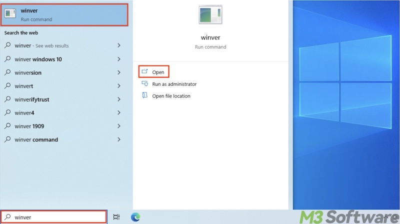 Winver in Windows search box