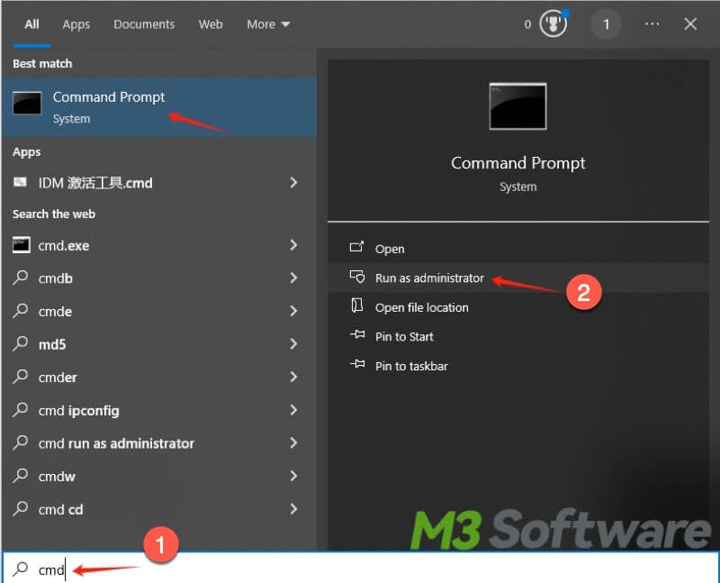 cmd run as administrator on Windows 10