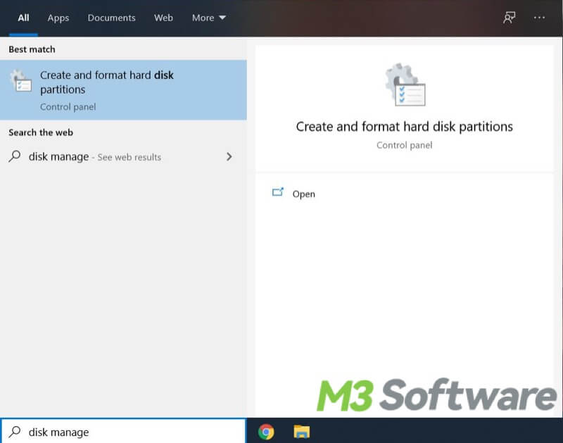 open Disk Management from search bar Windows 10