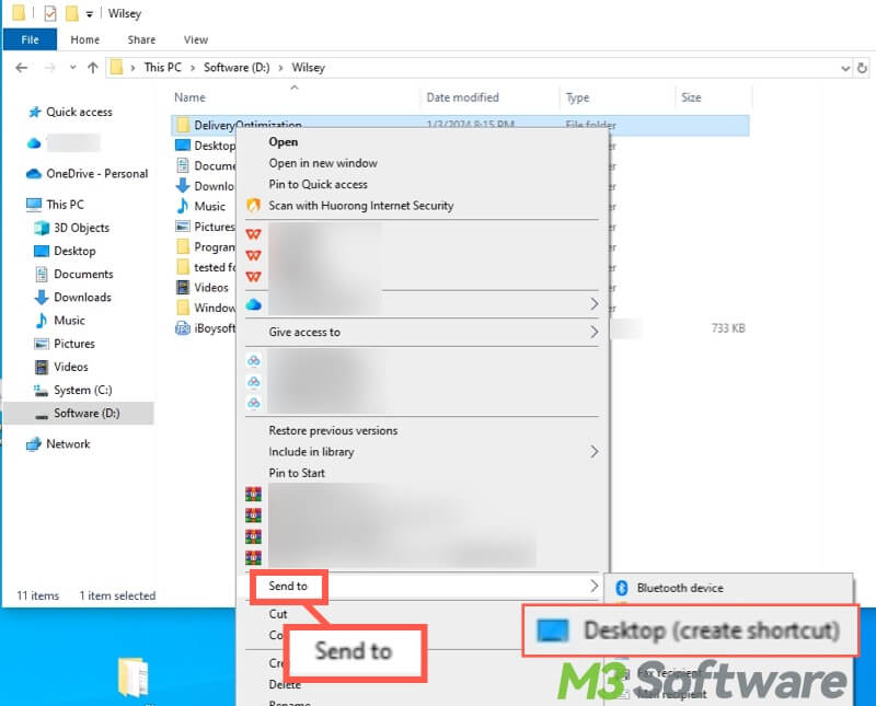 send a shortcut of file or folder in File Explorer to Desktop 