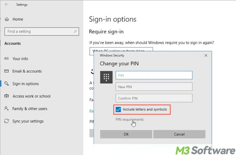 PIN include letters and symbols Windows 10